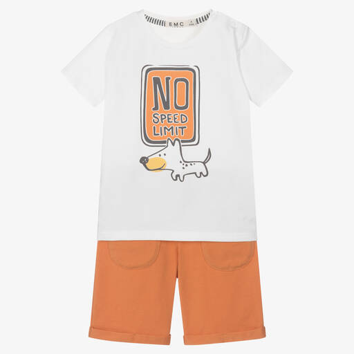 Everything Must Change-Boys White & Orange Cotton Shorts Set | Childrensalon Outlet