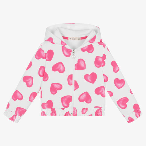 Everything Must Change-Girls White & Pink Cotton Heart Zip-up Top | Childrensalon Outlet