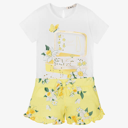 Everything Must Change-Girls White & Yellow Daffodil Shorts Set | Childrensalon Outlet