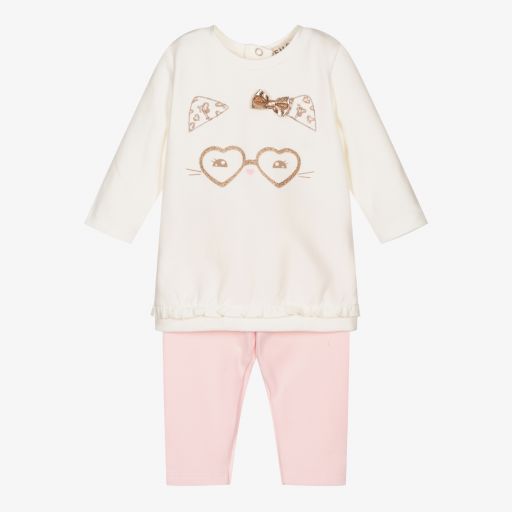 Everything Must Change-Ivory & Pink Cat Leggings Set | Childrensalon Outlet