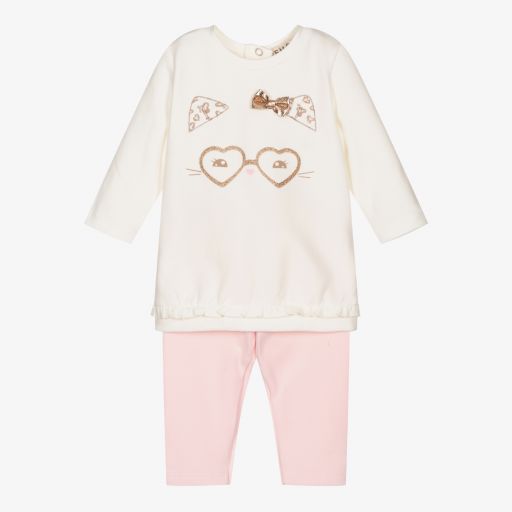 Everything Must Change-Leggings-Set mit Katze in Elfenbein und Rosa | Childrensalon Outlet