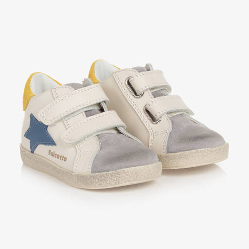 Falcotto by Naturino-Boys Ivory & Grey Leather Trainers | Childrensalon Outlet