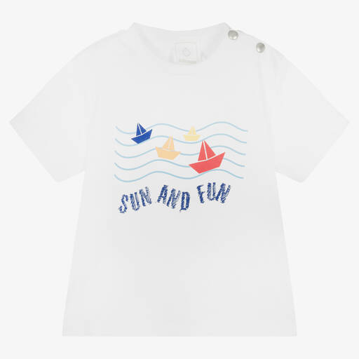Falcotto by Naturino-Boys White Cotton Sailing Boat T-Shirt | Childrensalon Outlet