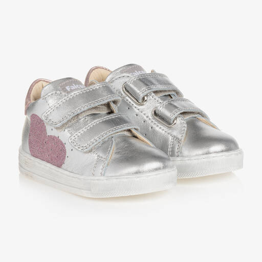 Falcotto by Naturino-Girls Silver & Pink Heart Leather Trainers | Childrensalon Outlet