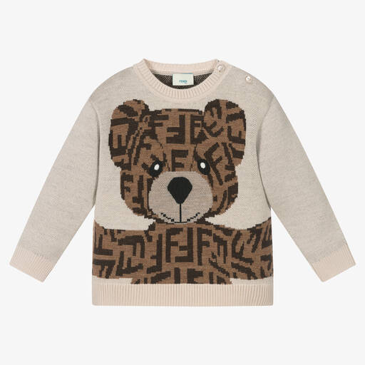 Fendi-Pull beige en laine ours bébé | Childrensalon Outlet