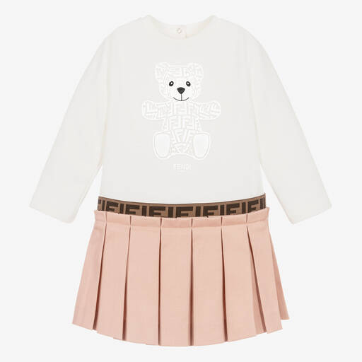 Fendi-فستان أطفال بناتي قطن لون عاجي وزهري | Childrensalon Outlet
