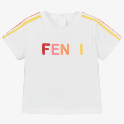 Fendi-Baby Girls White Logo T-Shirt | Childrensalon Outlet