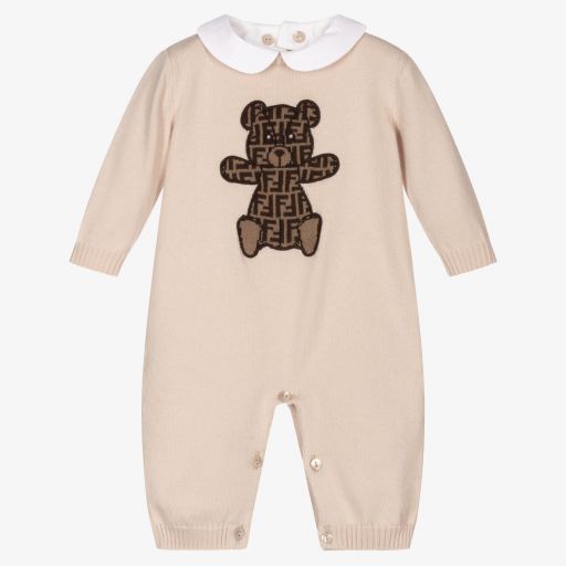 Fendi-Beige Cotton Knit Log Babygrow | Childrensalon Outlet