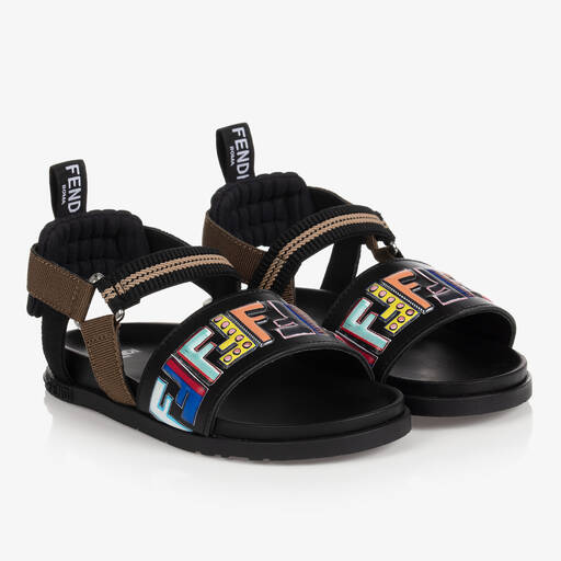 Fendi-Black Leather FF Logo Sandals | Childrensalon Outlet