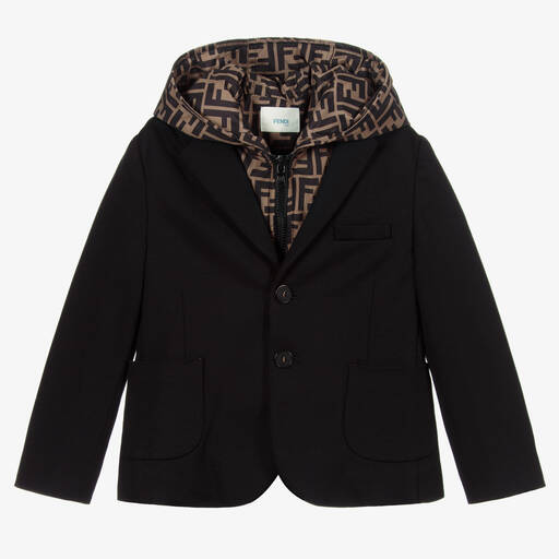 Fendi-جاكيت بلايزر هودي مزيج صوف لون أسود للأولاد | Childrensalon Outlet