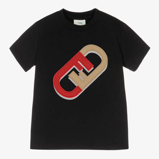 Fendi-Boys Black Cotton Logo T-Shirt | Childrensalon Outlet