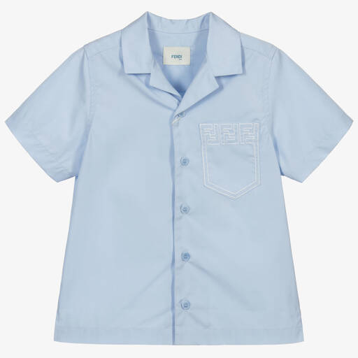 Fendi-Boys Blue Cotton FF Logo Shirt | Childrensalon Outlet