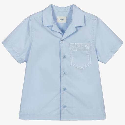 Fendi-قميص قطن بوبلين لون أزرق للأولاد | Childrensalon Outlet
