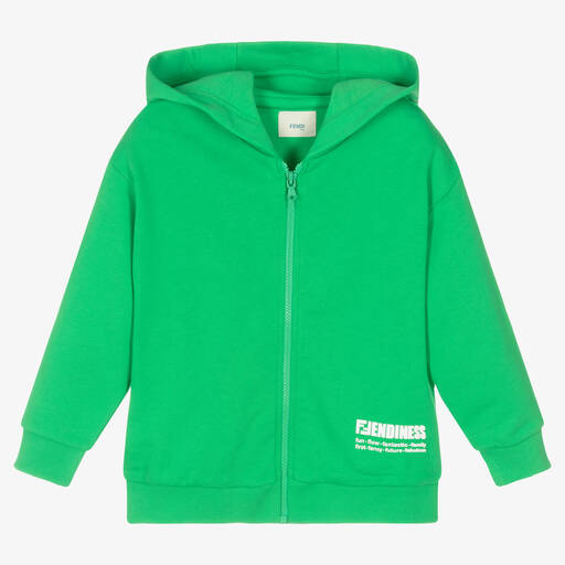Fendi-Boys Green Cotton Hooded Zip-Up Top  | Childrensalon Outlet