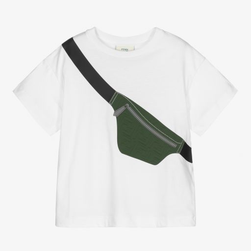 Fendi-Boys White  Bag Print T-Shirt | Childrensalon Outlet
