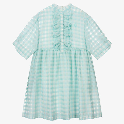 Fendi-Girls Blue Check Wool & Silk Dress | Childrensalon Outlet