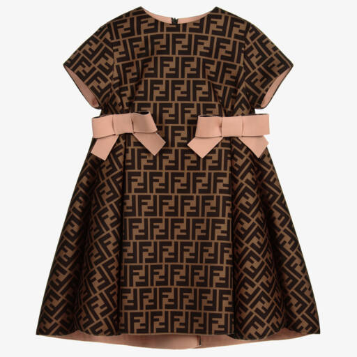 Fendi-Girls Brown & Pink FF Bow Dress | Childrensalon Outlet