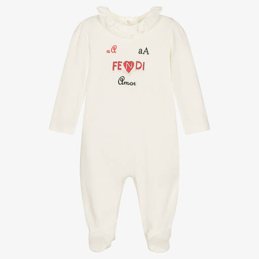 Fendi-Girls Ivory Cotton Logo Babygrow | Childrensalon Outlet