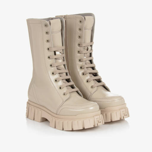 Fendi-Girls Ivory Patent Lace-Up Boots | Childrensalon Outlet