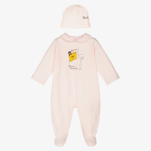 Fendi-Girls Pink Cotton Babygrow Set | Childrensalon Outlet