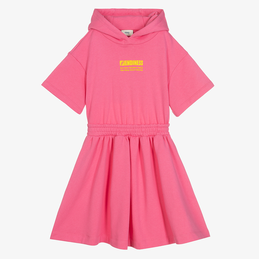 Fendi-Girls Pink Cotton Hooded Dress | Childrensalon Outlet