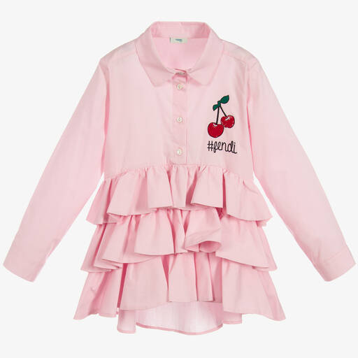 Fendi-Girls Pink Cotton Ruffle Shirt | Childrensalon Outlet