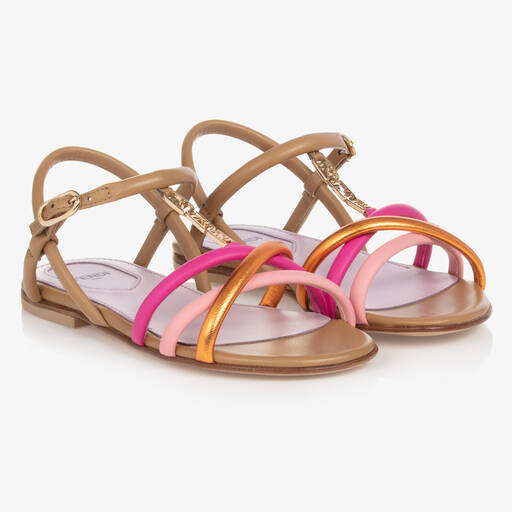 Fendi-Girls Pink Leather FF Logo Sandals | Childrensalon Outlet