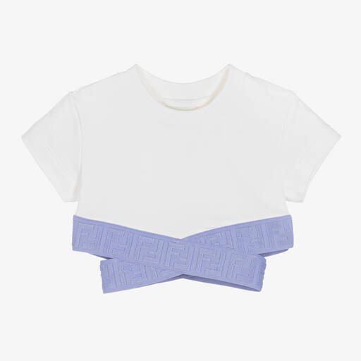 Fendi-Girls White & Blue Cropped FF Logo Top | Childrensalon Outlet