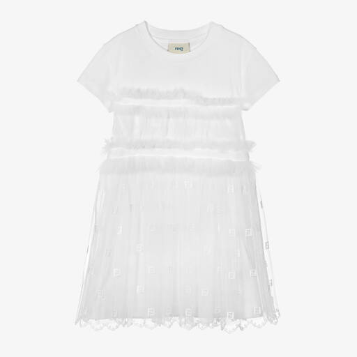 Fendi-Girls White Cotton Tulle Logo Dress | Childrensalon Outlet