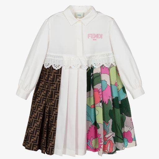 Fendi-فستان قميص قطن بوبلين وحرير لون أبيض | Childrensalon Outlet