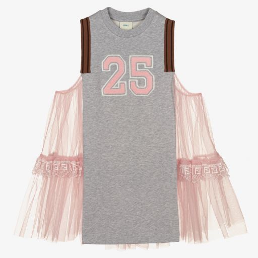 Fendi-Grey Jersey & Pink Tulle Top | Childrensalon Outlet