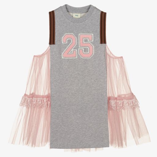 Fendi-Grey Jersey & Pink Tulle Top | Childrensalon Outlet