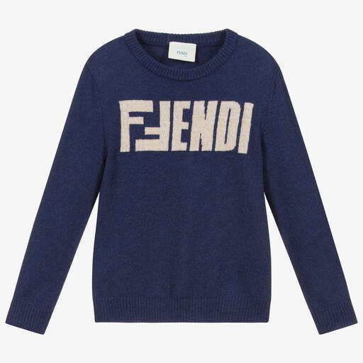 Fendi-Navy Blue Knitted Wool Sweater | Childrensalon Outlet