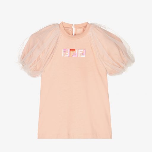Fendi-Pink Tulle Sleeve Logo T-Shirt | Childrensalon Outlet