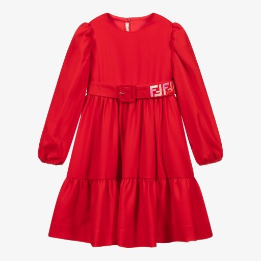 Fendi-Красное шерстяное платье с принтом FF  | Childrensalon Outlet