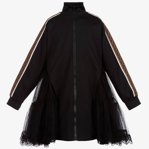 Fendi-فستان جرسي و دانتيل لون أسود بشريط لوغو | Childrensalon Outlet