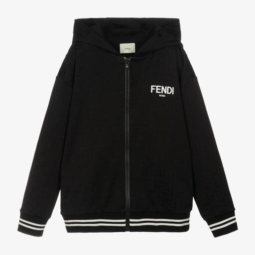 Fendi-Teen Black Jacquard FF Logo Zip-Up Hoodie | Childrensalon Outlet