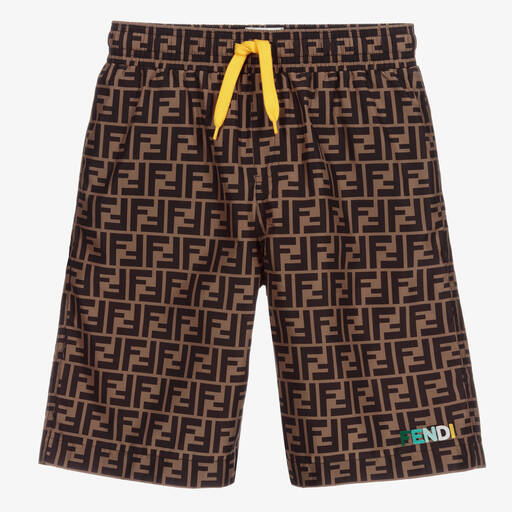 Fendi-Teen Brown FF Logo Swim Shorts | Childrensalon Outlet