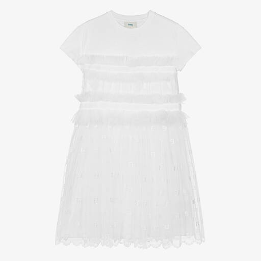 Fendi-Teen Girls White Cotton Tulle Logo Dress | Childrensalon Outlet