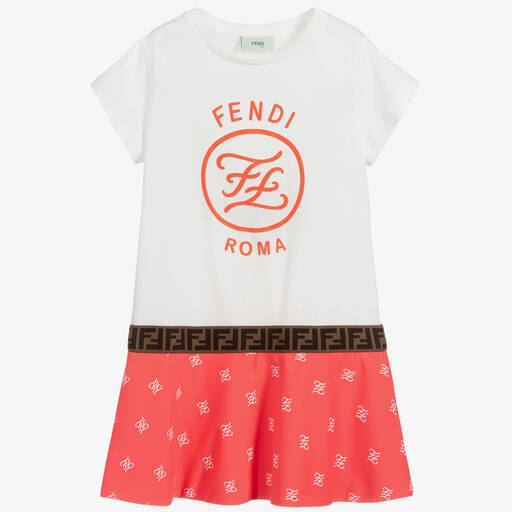 Fendi-فستان لوغو قطن جيرسي لون زهري وأبيض | Childrensalon Outlet