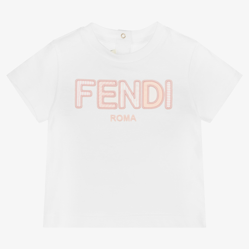 Fendi-White & Pink Logo Baby T-Shirt | Childrensalon Outlet