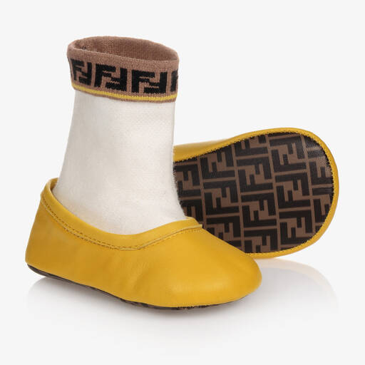 Fendi-حذاء جوارب باليرينا جلد وقطن لون أصفر | Childrensalon Outlet