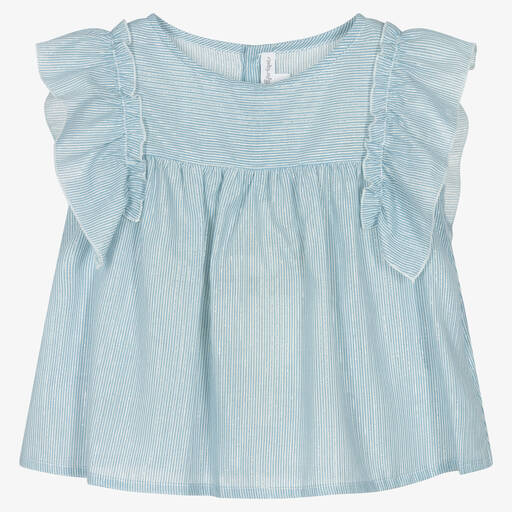 Fina Ejerique-Girls Blue & Silver Stripe Cotton Blouse | Childrensalon Outlet