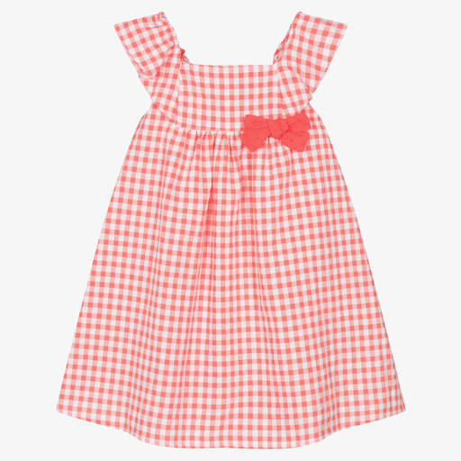 Fina Ejerique-Girls Coral Pink Gingham Cotton Dress | Childrensalon Outlet