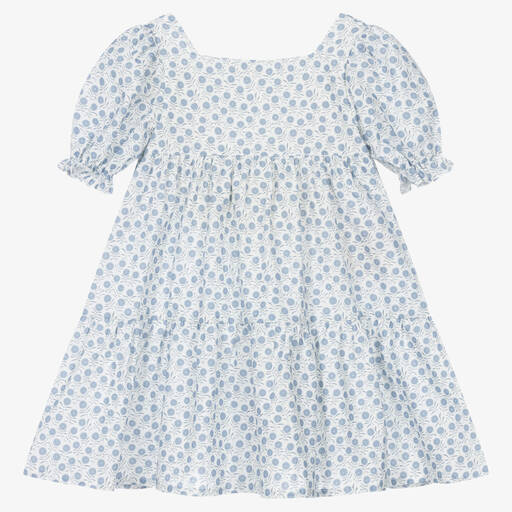 Fina Ejerique-Girls White & Blue Floral Cotton Dress | Childrensalon Outlet
