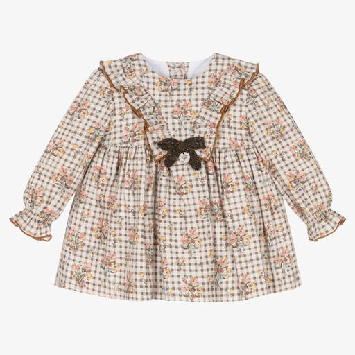 Foque-Baby Girls Brown Check & Floral Cotton Dress | Childrensalon Outlet