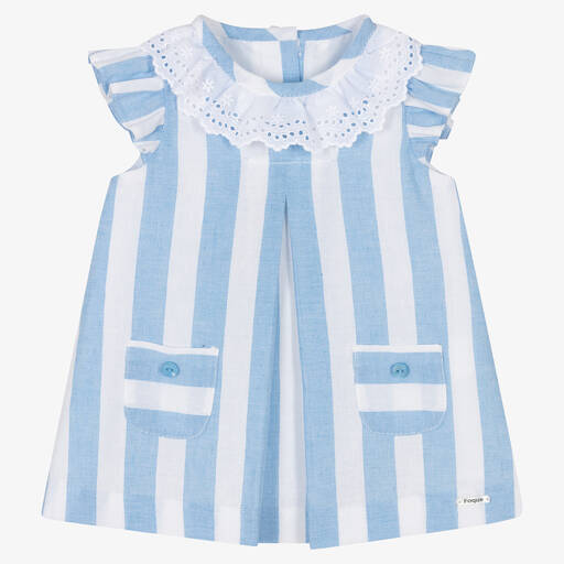 Foque-Baby Girls White & Blue Striped Cotton Dress | Childrensalon Outlet