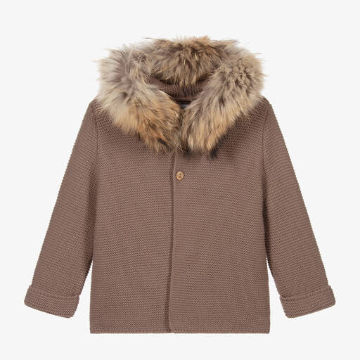 Foque-Бежевое пальто с капюшоном с меховой отделкой | Childrensalon Outlet