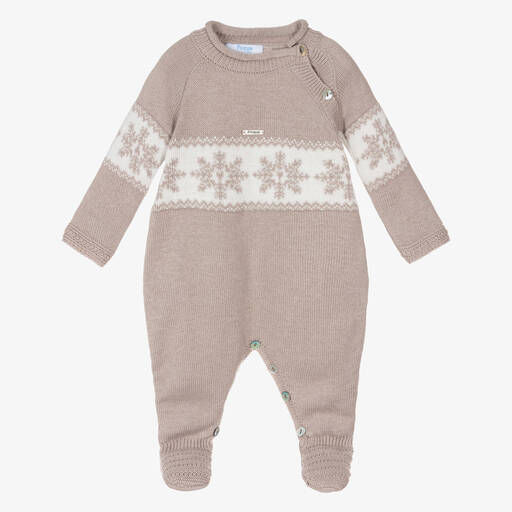 Foque-Beige Cotton & Wool Snowflake Babygrow | Childrensalon Outlet