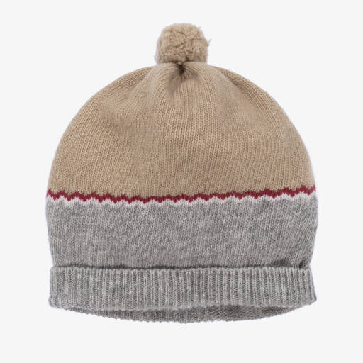 Foque-Boys Beige & Grey Wool Knit Pom-Pom Hat | Childrensalon Outlet